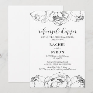 Convites Jantar de ensaio elegante das peônias preto e