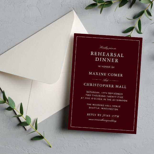 Convites Jantar de ensaio elegante formal em burgundy e mar (Elegant burgundy and ivory rehearsal dinner invitation sets a refined tone for the celebration.)