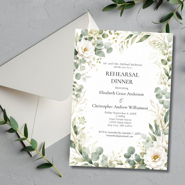 Convites Jantar de Ensaio Eucalyptus Botanicals White Rose  (Eucalyptus Greenery Botanicals White Roses Florals Wedding Rehearsal Dinner Invitation)