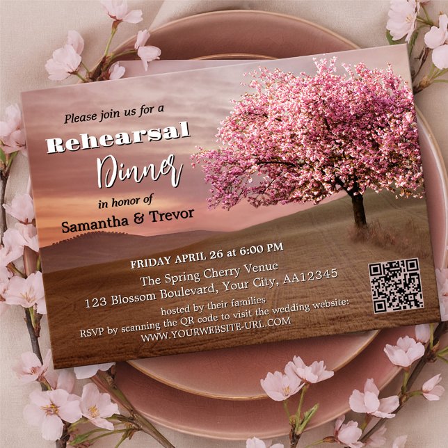 Convites Jantar de Ensaio Flor de Cerejeira de Chocolate (Rehearsal Dinner invitation with a painting of a chocolate landscape with a blossoming cherry tree)