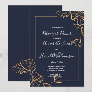Convites Jantar de ensaio floral azul-marinho e dourado