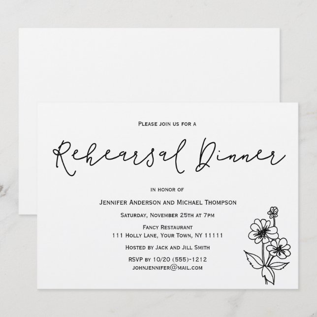 Convites Jantar de ensaio floral botânico rústico simples (Frente/Verso)