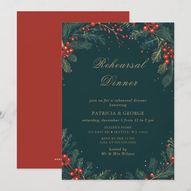 Convites Jantar de Ensaio Floral de Natal em Verde Dourado (Frente/Verso)