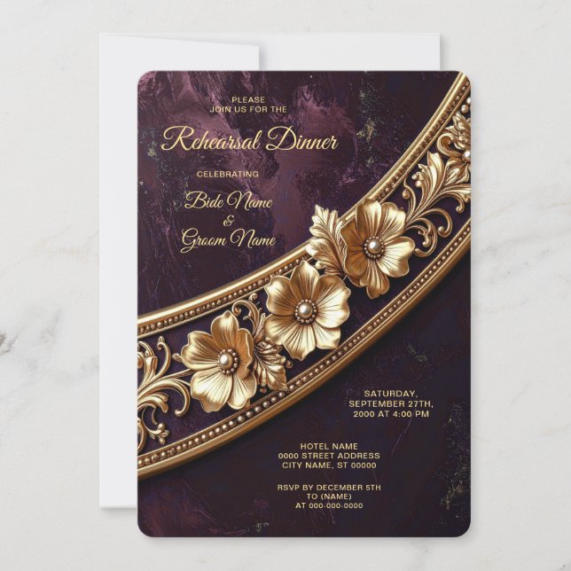 Convites Jantar de Ensaio Floral Dourado Ornamentado (Frente)