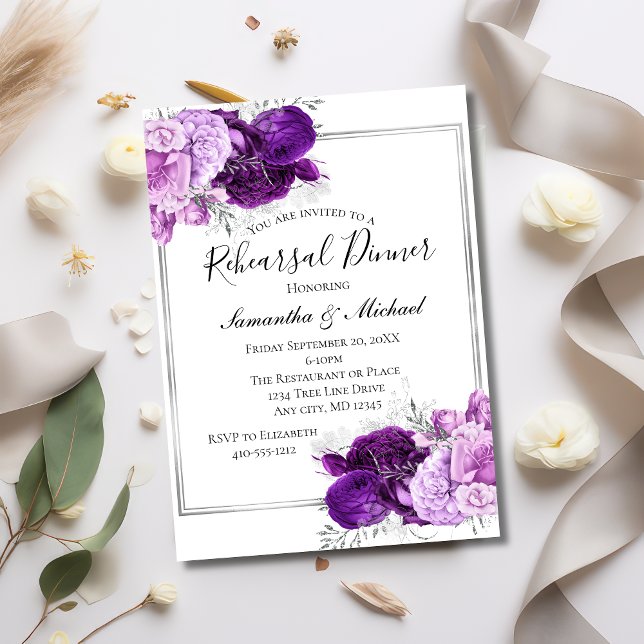 Convites Jantar de Ensaio Floral Prateado Roxo Elegante (Purple Silver Elegant Wedding Rehearsal Dinner Invitation. Printed or Instant Digital download)