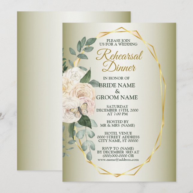 Convites Jantar de Ensaio Floral Verde Dourado Geométrico (Frente/Verso)