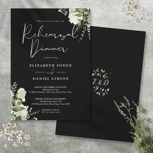 Convites Jantar de Ensaio Floral Verde e Preto e Branco (Greenery Floral Black And White Rehearsal Dinner Invitation)