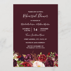 Convites Jantar de Ensaio Floral Vermelho Marsala Borgonha