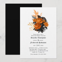 Convites Jantar de ensaio floral xadrez preto e laranja