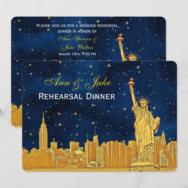 Convites Jantar de Ensaio Gold NYC Skyline #2 Blue Starry H (Frente/Verso)
