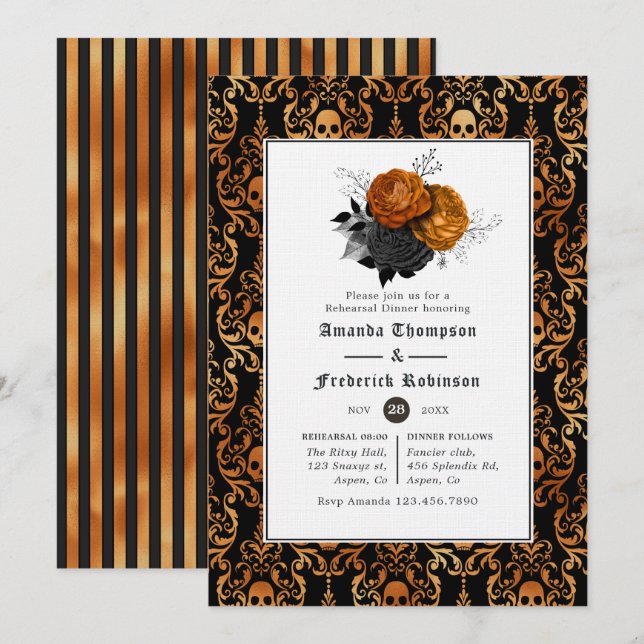 Convites Jantar de ensaio gótico floral preto e laranja (Frente/Verso)