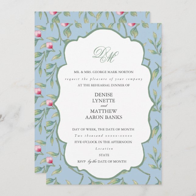 Convites Jantar de ensaio Omphalodes azul e manjericão verd (Frente/Verso)