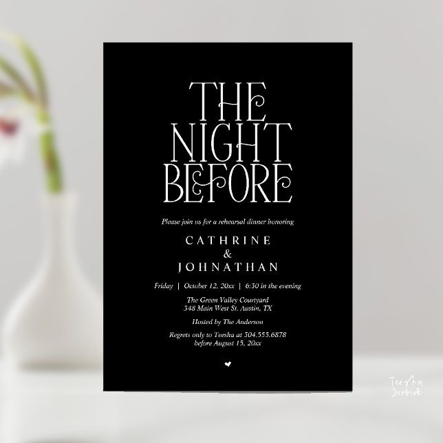 Convites Jantar de Ensaio "The Night Before" Preto Branco (Minimalist "The Night Before" Rehearsal Dinner Invitation Card in Black and White)