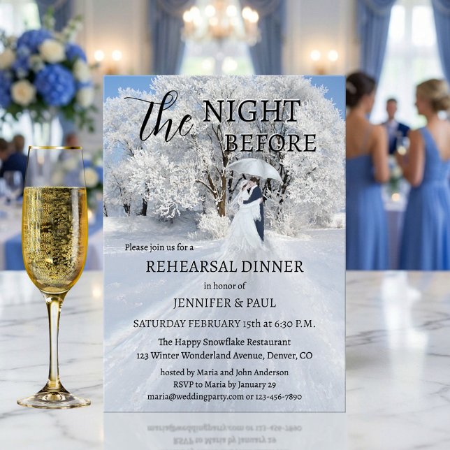 Convites Jantar de Ensaio Winter Wonderland Fine Art (Rehearsal dinner invitation featuring a fine art painting of a couple in a winter wonderland)