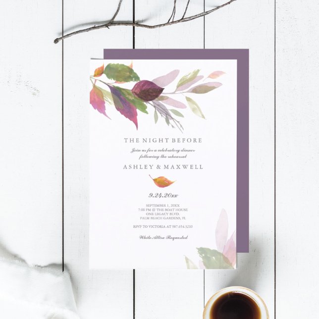 Convites Jantar de Ensaios Aquarela Folhas de Outono (rehearsal dinner invitations the night before autumn leaves purple)