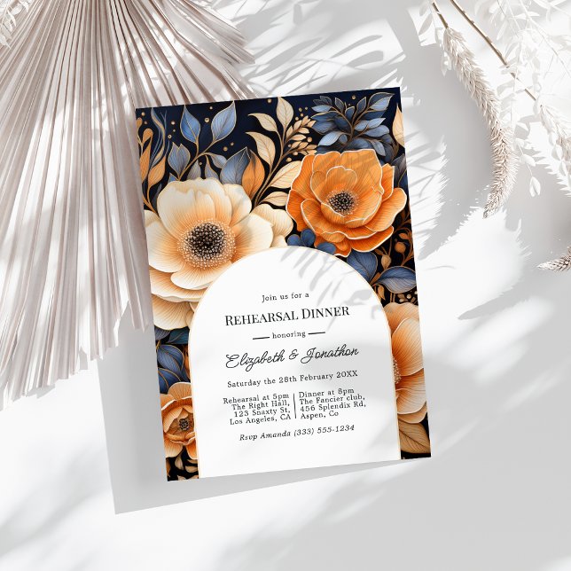 Convites Jantar de Ensaios Azul Marinho Laranja Queimada Ch (Navy Blue Burnt Orange Champagne Rehearsal Dinner Invitation)
