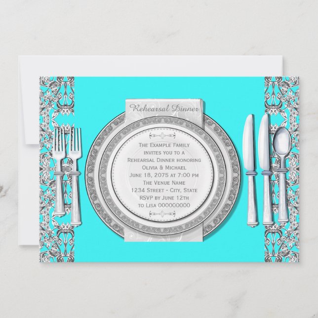 Convites Jantar de Ensaios Azul Turquesa Prateado Elegante (Frente)