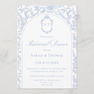 Convites Jantar de Ensaios Blue Floral Chinoiserie Monogram