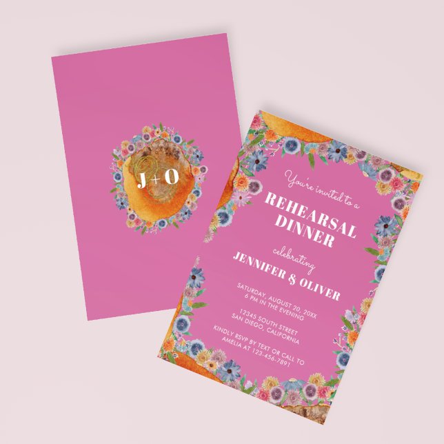 Convites Jantar de Ensaios Boho Chic Flor Silvestre Rosa Qu (Front/Back)