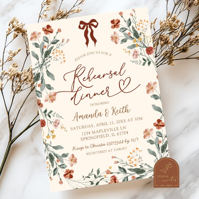 Convites Jantar de Ensaios Boho Coquette Bow Flor Silvestre (Criador carregado)