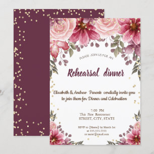 Convites Jantar de Ensaios Burgundy Floral Diamantes Dourad