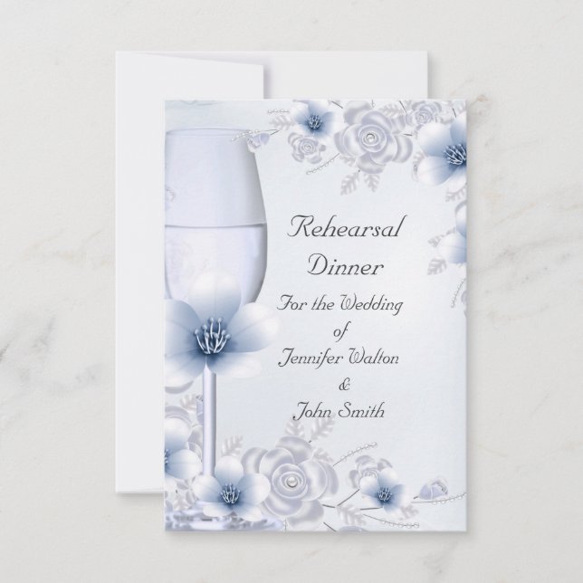 Convites Jantar de Ensaios Casamento Rosa Azul Prata Flor d (Frente)