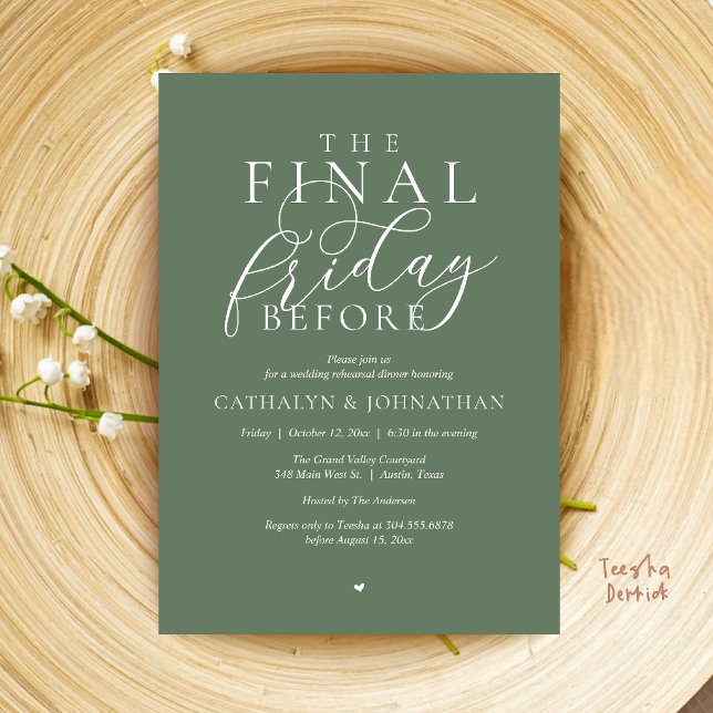 Convites Jantar de Ensaios Clássico “A Última Sexta-Feira A (“The Final Friday Before” Romance Classy Rehearsal Dinner Invitation Card in Sage Green)