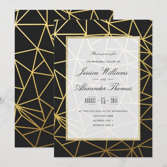 Convites Jantar de Ensaios Classy Gold & Black (Frente/Verso)