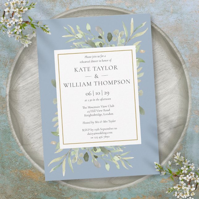 Convites Jantar de Ensaios com Aguarela Azul Empoeirada e V (Dusty Blue Watercolor Greenery Rehearsal Dinner Invitation)