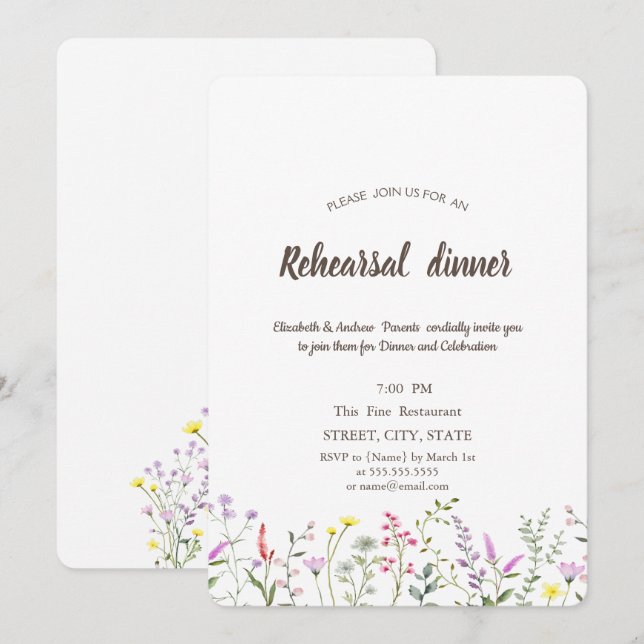 Convites Jantar de Ensaios com Aquarela de Flores Silvestre (Frente/Verso)