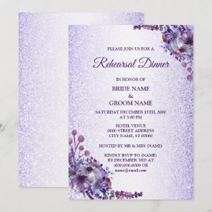 Convites Jantar de Ensaios com Brilho Floral Roxo Azul Rosa