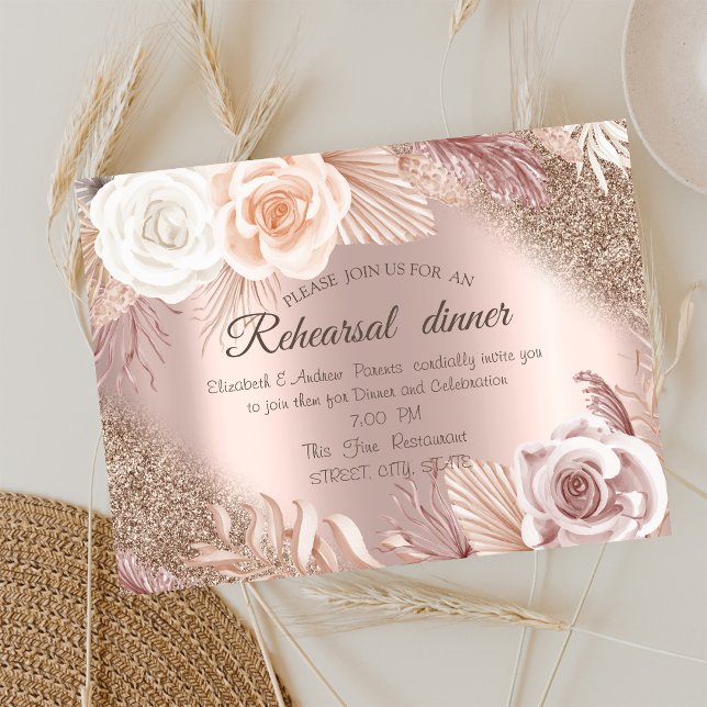 Convites  Jantar de Ensaios com Flores Boho e Brilho em Ros (Criador carregado)