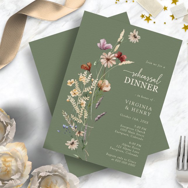 Convites Jantar de Ensaios com Flores Silvestres em Verde S (Boho Sage Green Wildflowers Rehearsal Dinner Invitation by Painted Paperie
)