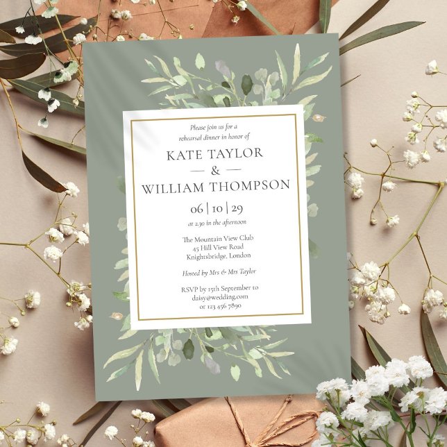 Convites Jantar de Ensaios com Folhagem em Aquarela Verde S (Sage Green Watercolor Greenery Rehearsal Dinner Invitation)