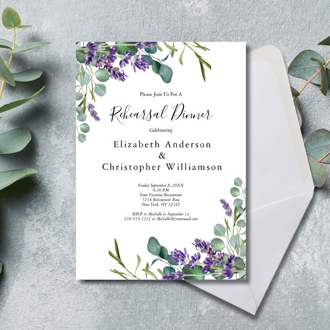 Convites Jantar de Ensaios com Lavanda Eucalipto Folhagens (Lavender Eucalyptus Wedding Rehearsal Dinner Invitation. Elegant Watercolor Greenery)