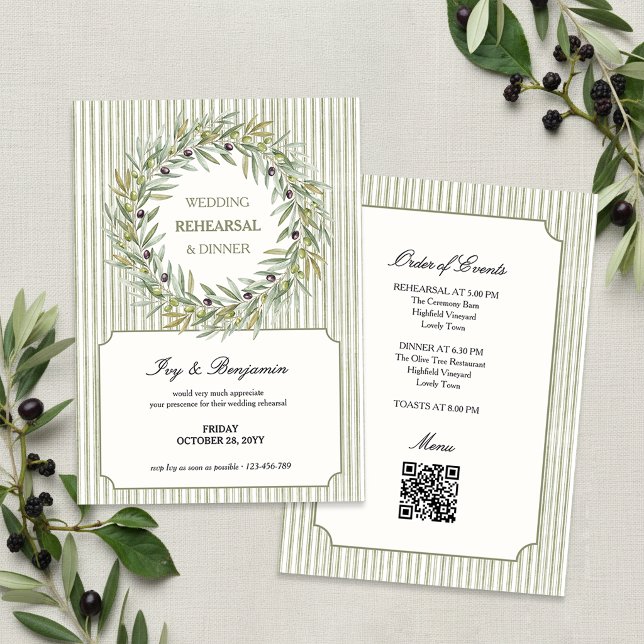 Convites Jantar de Ensaios com Listras em Verde Oliva Tosca (Wedding Rehearsal Dinner invitation with olive wreath and green ticking stripe by Darling & May)