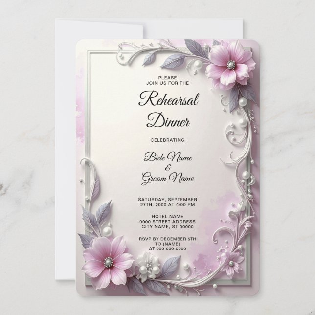 Convites Jantar de Ensaios com Moldura Floral Rosa (Frente)