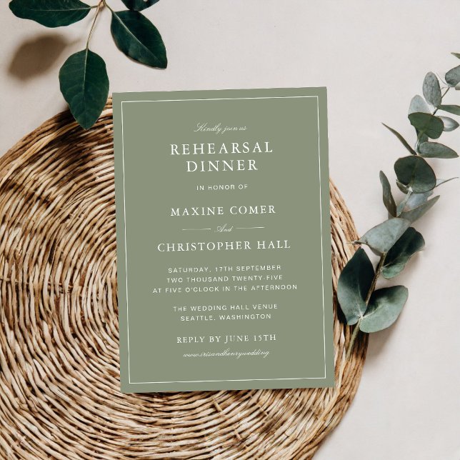 Convites Jantar de Ensaios com Roteiro Clássico em Verde Em (Classic dusty green rehearsal dinner invitations set a warm tone for a memorable gathering.)
