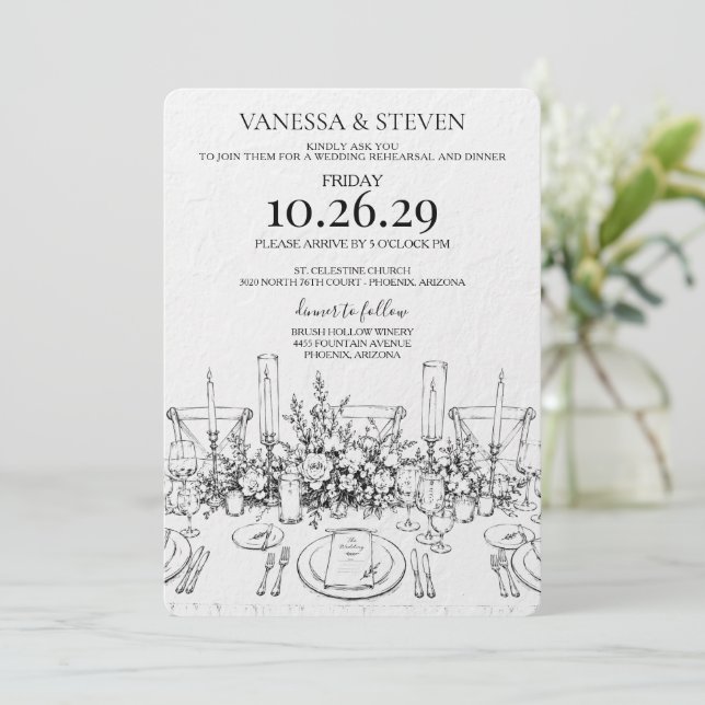 Convites Jantar de Ensaios da Mesa de Casamento Desenhado à (Em pé/Frente)