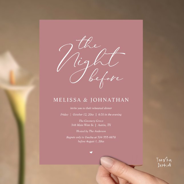Convites Jantar de Ensaios da Noite Antes do Casamento Româ (The Night Before Romantic Wedding Rehearsal Dinner Invitation Card in Dusty Rose Pink)