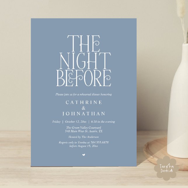 Convites "Jantar de Ensaios da Véspera" Azul Empoeirado (Minimalist "The Night Before" Rehearsal Dinner Invitation Card in Dusty Blue)