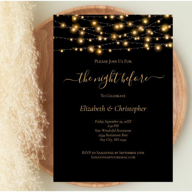 Convites Jantar de Ensaios da Véspera de Luzes Douradas (Black Gold Lights Wedding Rehearsal Dinner Invitation. Printed or Digital)