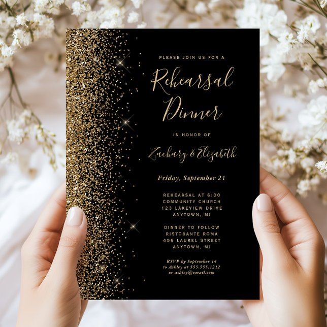 Convites Jantar de Ensaios de Casamento Black Gold Glitter (Criador carregado)