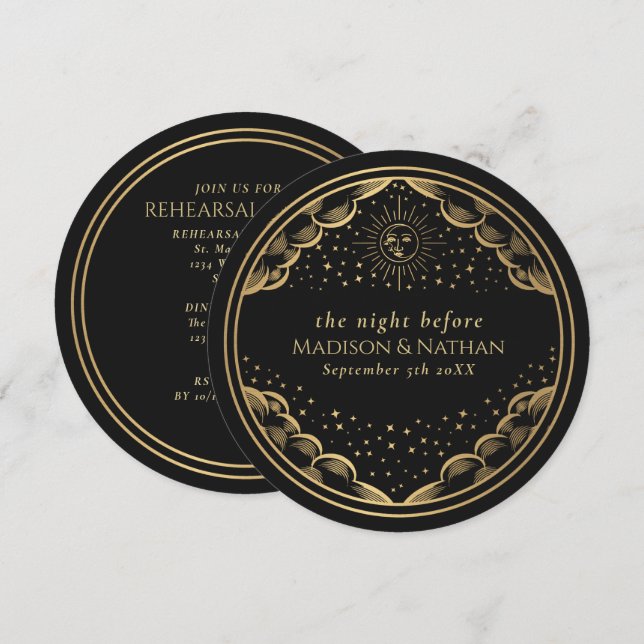 Convites Jantar de Ensaios de Casamento Black Tarot Sol e L (Frente/Verso)