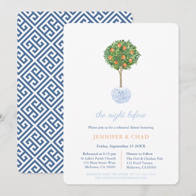Convites Jantar de Ensaios de Casamento Clássico Azul e Lar (Frente/Verso)