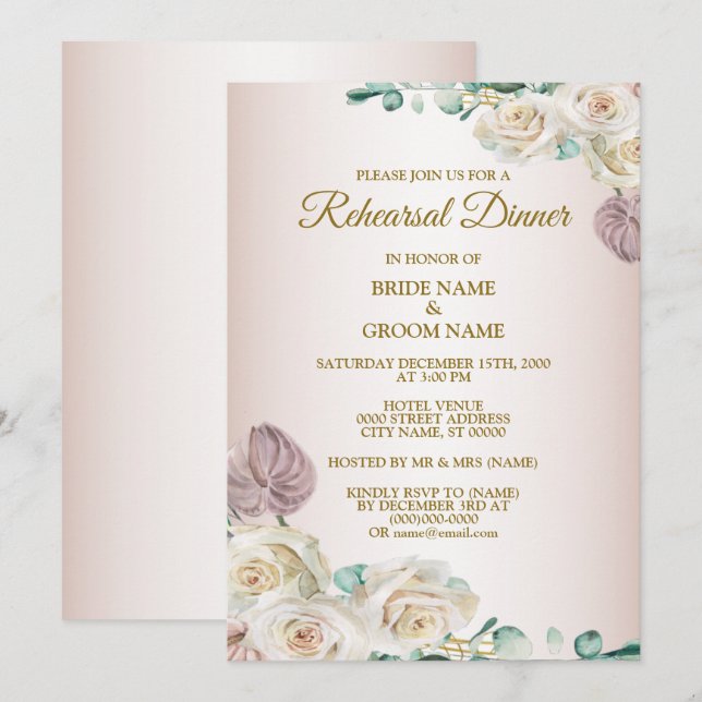 Convites Jantar de Ensaios de Casamento com Aquarela de Ros (Frente/Verso)