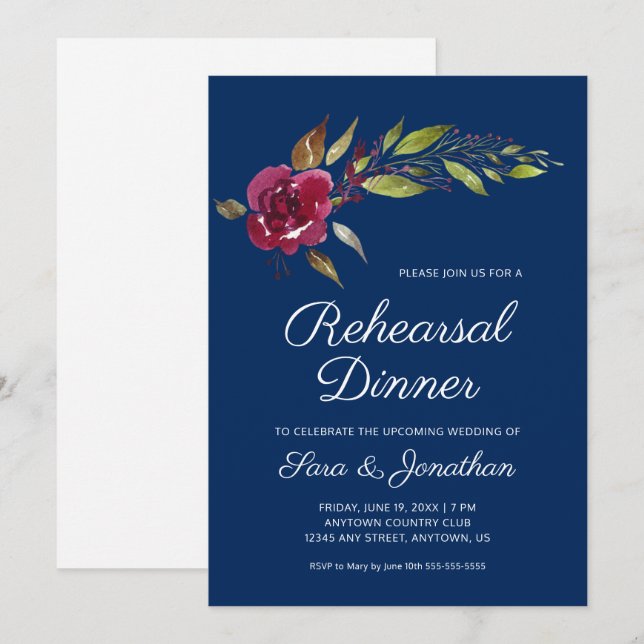 Convites Jantar de Ensaios de Casamento com Flores Borgonha (Frente/Verso)