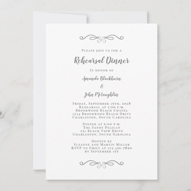 Convites Jantar de Ensaios de Casamento Elegante em Cinza e (Frente)