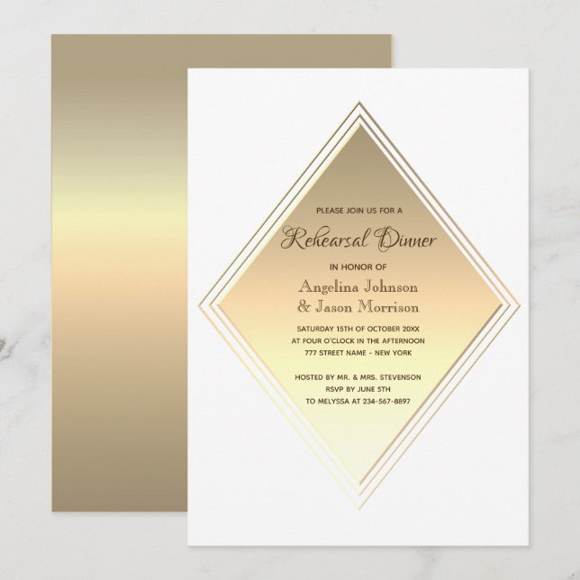 Convites Jantar de Ensaios de Casamento em Ouro Moderno (Frente/Verso)