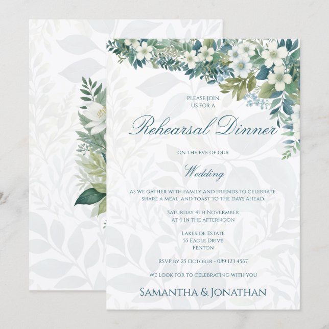 Convites Jantar de Ensaios de Casamento em Verde Salvia Euc (Frente/Verso)